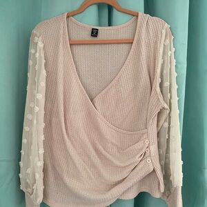 H&M Cream Wrap Blouse with Sheer Polka Dot Sleeves